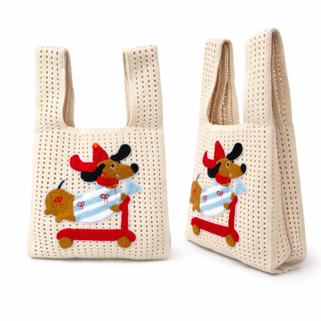 Sac à projet tricot & crochet - Taille moyenne, Crème avec Chiot Rouge