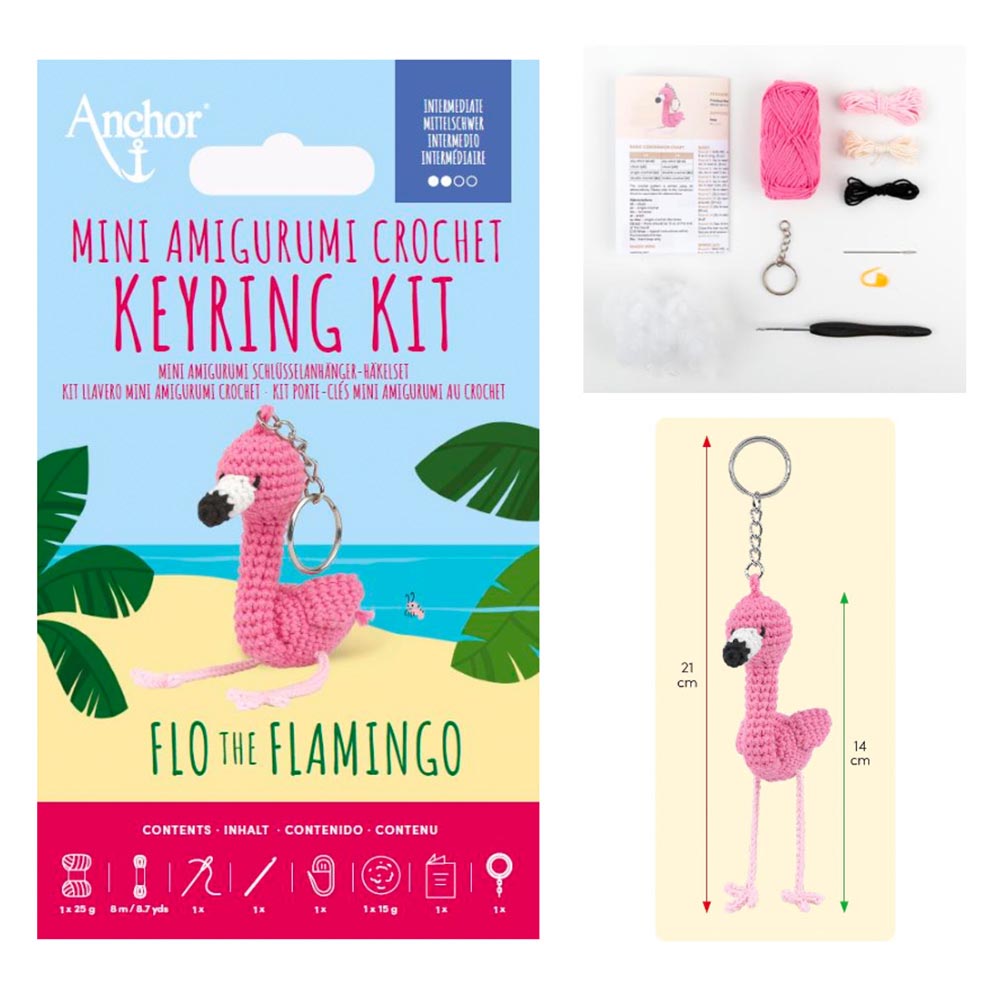 Kit porte-clés amigurumi Flo the Flamingo, porte-clés terminé avec le contenu du kit
