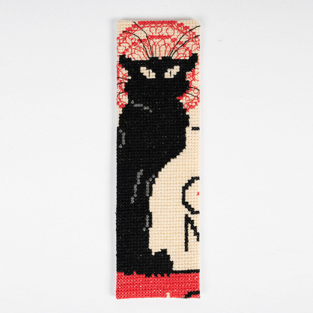 Black Cat Cross Stitch Bookmark Kit, finished piece
