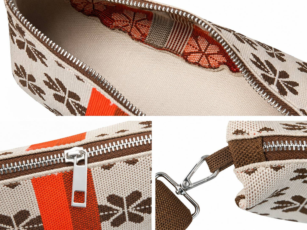 Sac bandoulière croissant en maille - Fleurs Beige