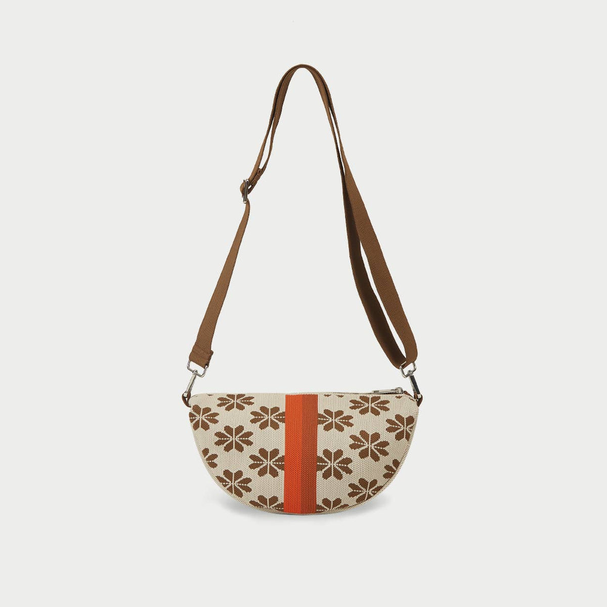 Sac bandoulière croissant en maille - Fleurs Beige
