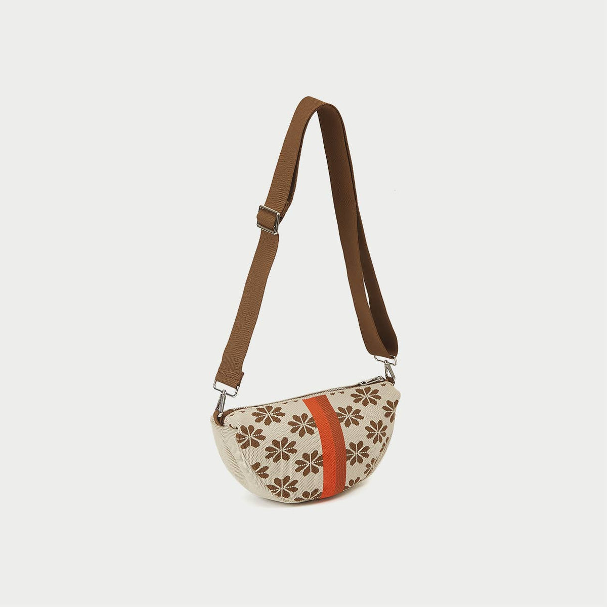 Sac bandoulière croissant en maille - Fleurs Beige