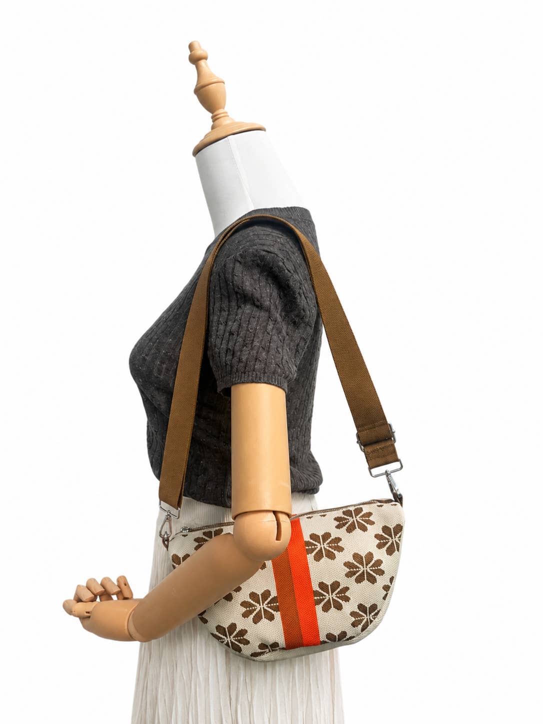 Sac bandoulière croissant en maille - Fleurs Beige