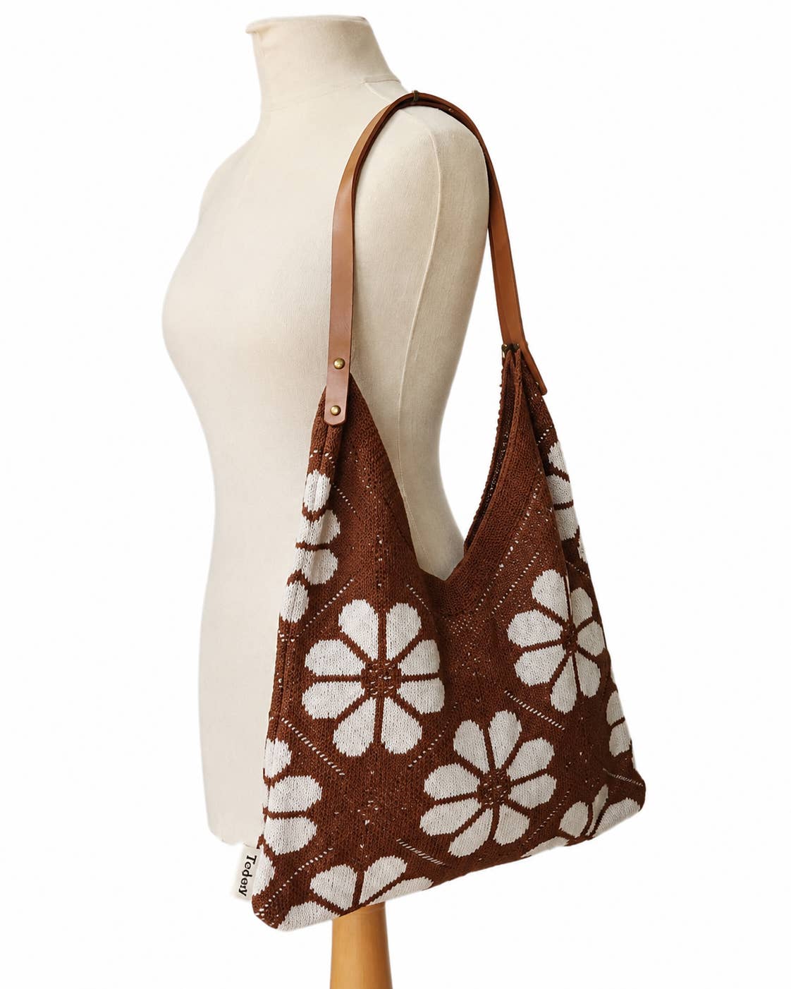 Gänseblümchen-Schultertasche aus Strick - Braun