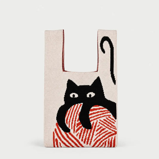 Medium Knitting & Crochet Project Bag - White with Cat