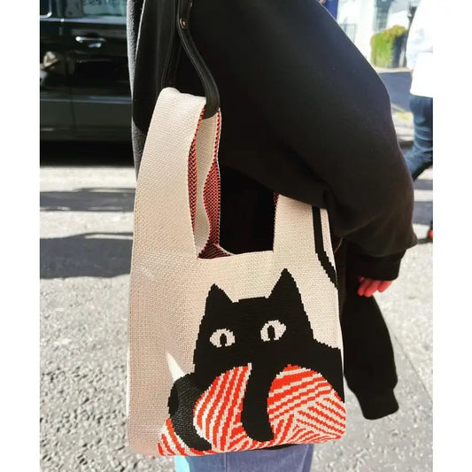 Medium Knitting & Crochet Project Bag - White with Cat